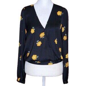 Madewell Floating Florets Black Yellow Floral Wrap Top Small Moody Cottagecore